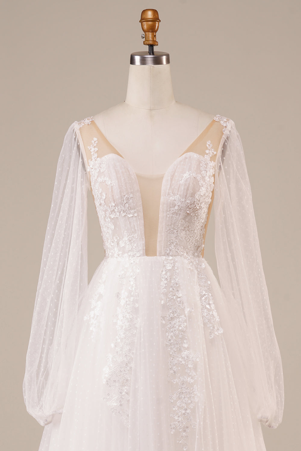 Mangas largas Vestido de novia de marfil de espalda abierta con apliques
