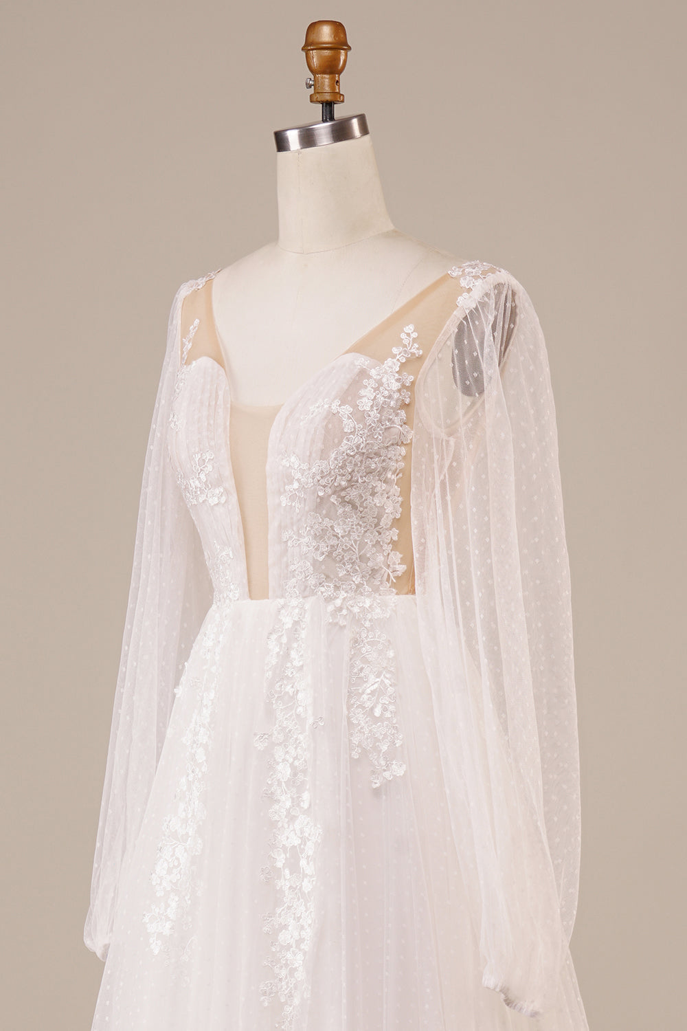 Mangas largas Vestido de novia de marfil de espalda abierta con apliques