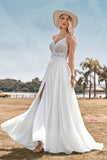 Encaje sin espalda Spaghetti Straps Boho Vestido de novia con hendidura