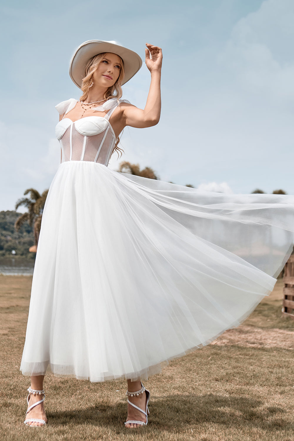 Ivory Tulle Corsé Tea-Length A Line Vestido de novia