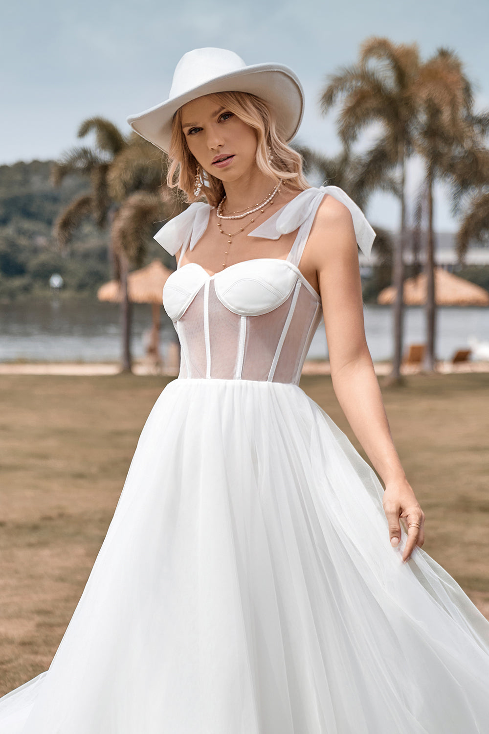 Ivory Tulle Corsé Tea-Length A Line Vestido de novia