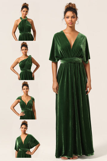Elegante A Line V Cuello Verde oscuro Covertible Desgaste Terciopelo Vestido de dama de honor largo