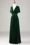 Verde Oscuro Terciopelo Vestido de Dama de Honor