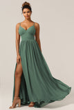 Eucalipto Spaghetti Straps A Line Bridesmaid Dress with Slit