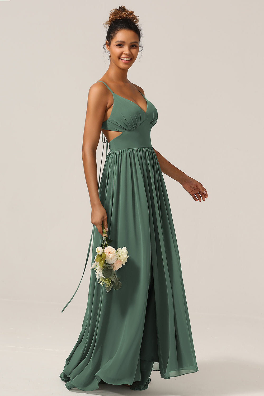 Eucalipto Spaghetti Straps A Line Bridesmaid Dress with Slit