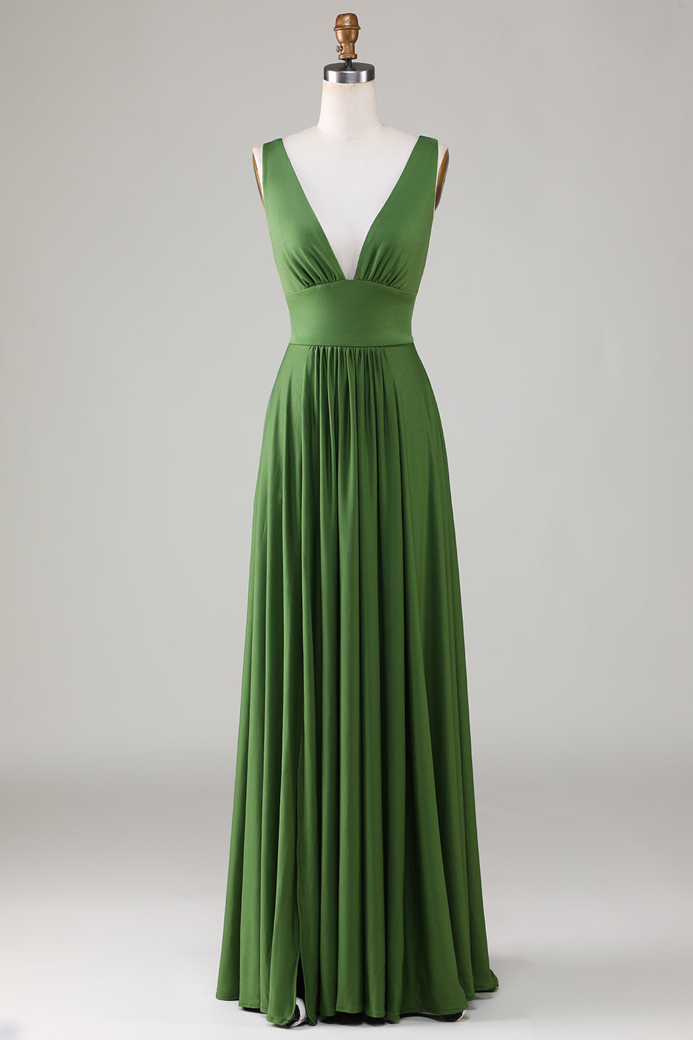 Cuello en V profundo verde oliva sin mangas vestido de dama de honor largo