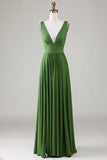 Cuello en V profundo verde oliva sin mangas vestido de dama de honor largo