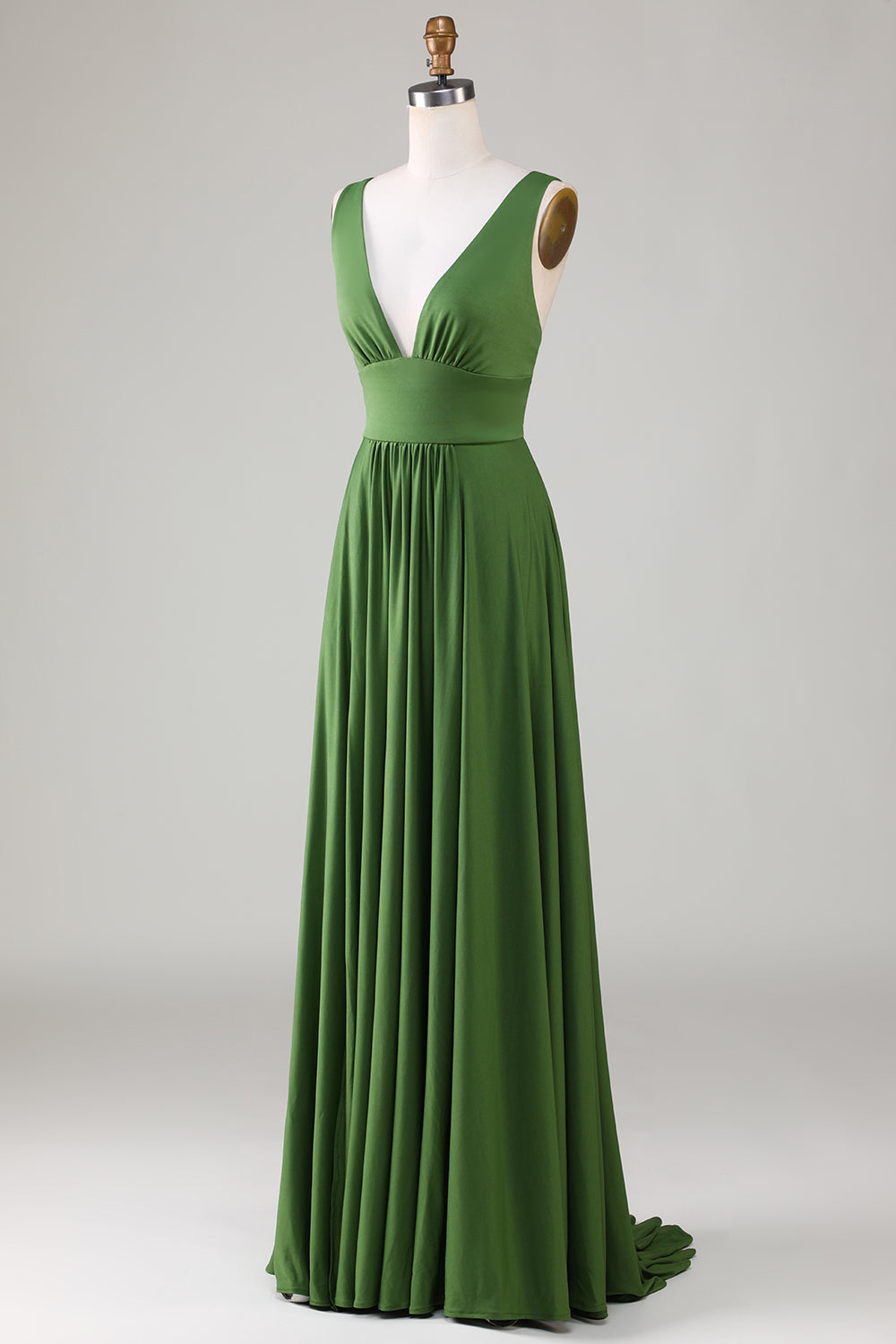 Cuello en V profundo verde oliva sin mangas vestido de dama de honor largo