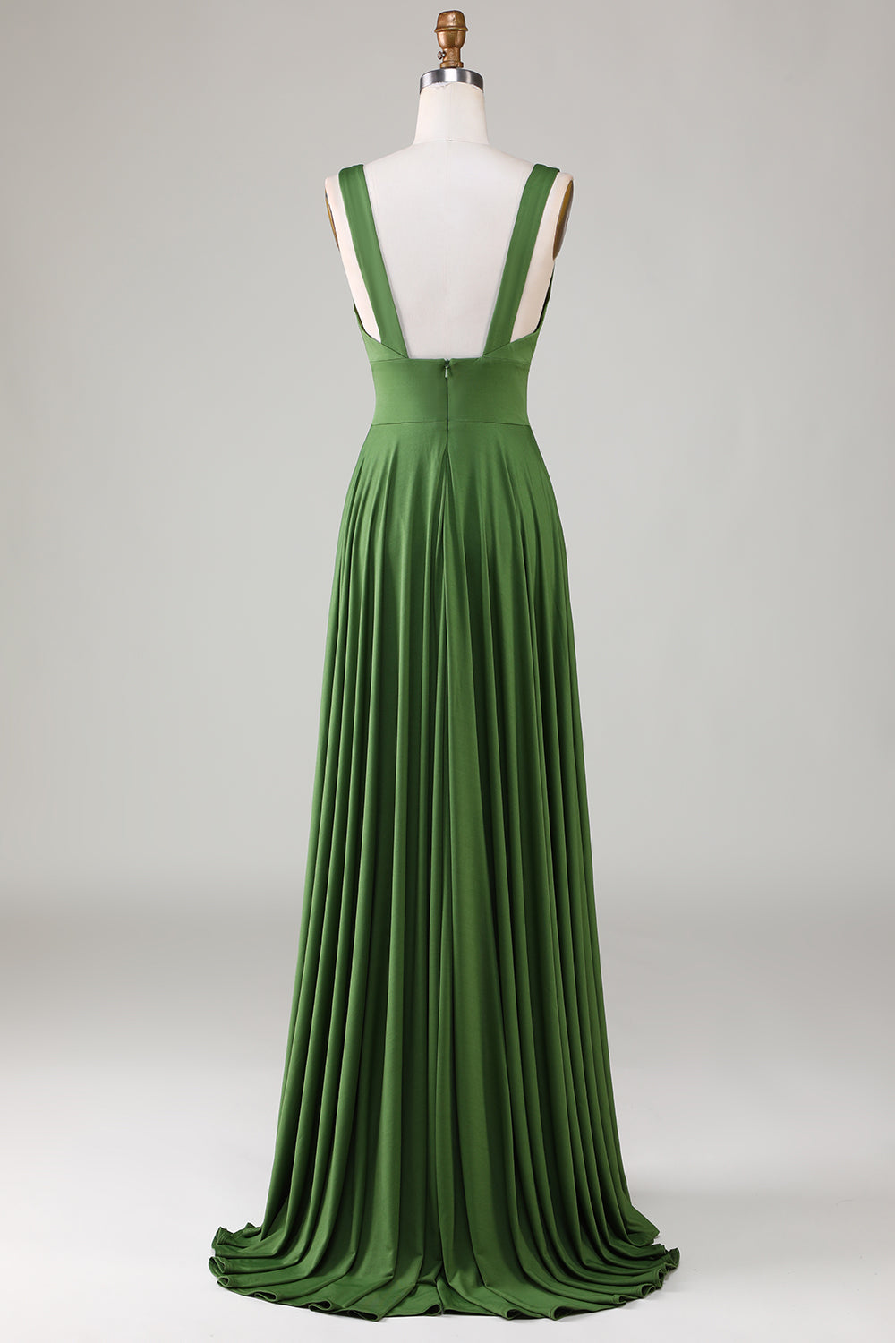 Cuello en V profundo verde oliva sin mangas vestido de dama de honor largo