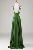 Cuello en V profundo verde oliva sin mangas vestido de dama de honor largo