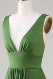 Cuello en V profundo verde oliva sin mangas vestido de dama de honor largo