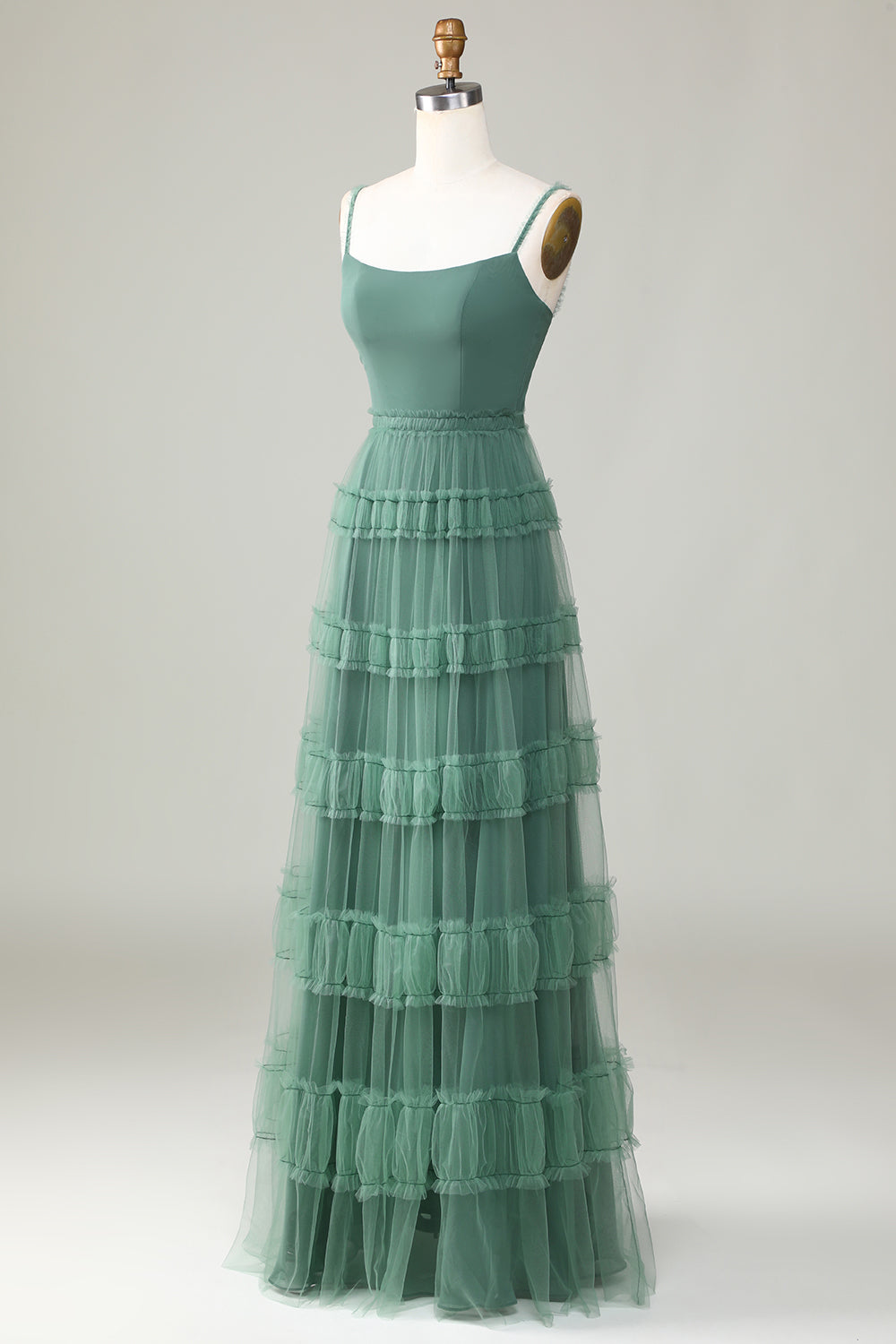 Eucalipto A Línea Espagueti Correas Tul Vestido de Dama de Honor