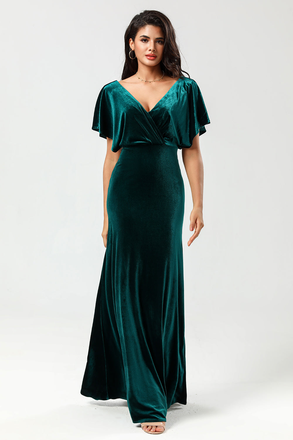 Confiadamente carismático Una línea V-Neck Peacock Velvet Bridesmaid Vestido de dama de honor con volantes