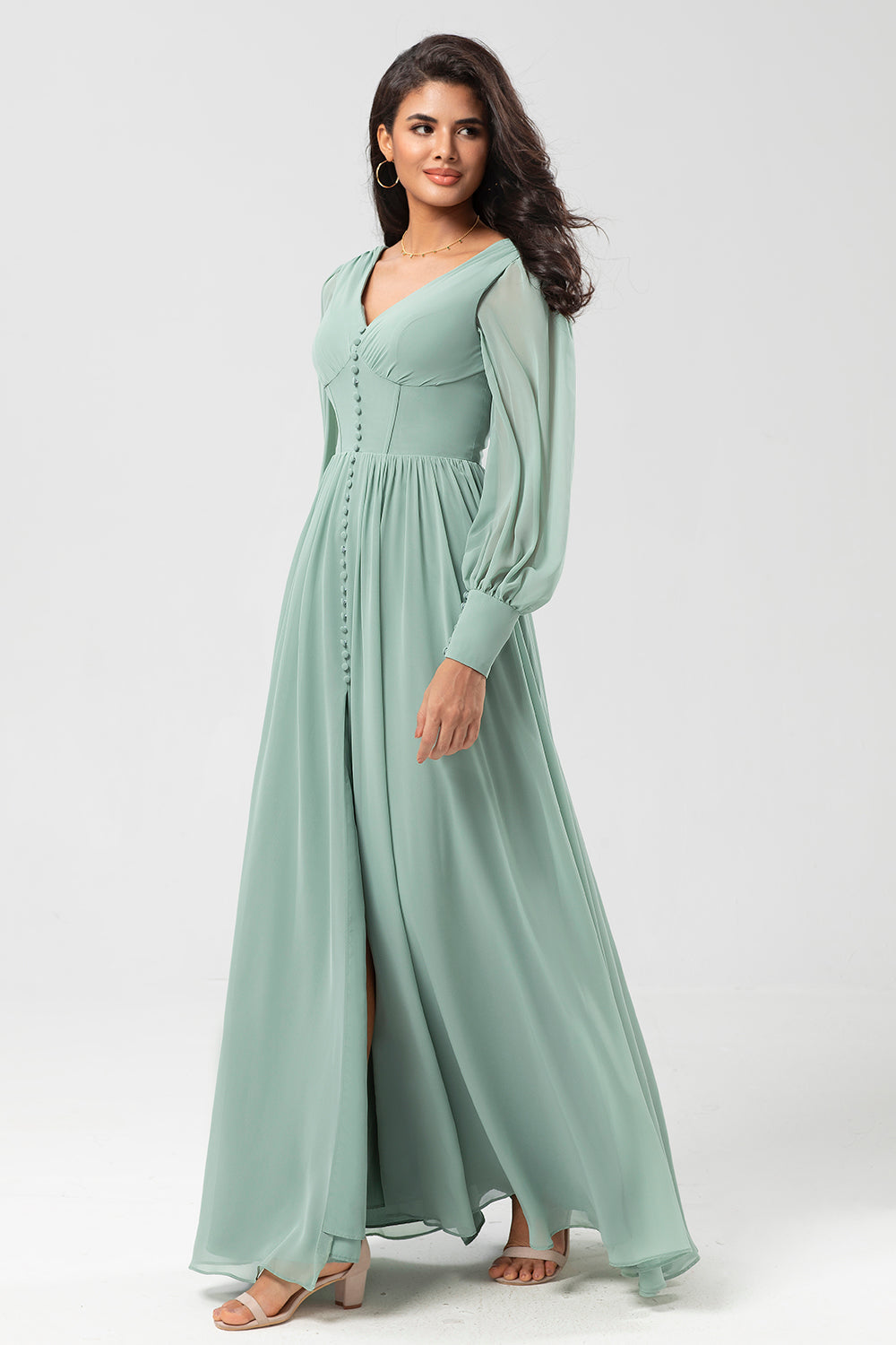 Chiffon A Line Mangas Largas Vestido de Dama de Honor con Botones