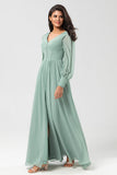 Chiffon A Line Mangas Largas Vestido de Dama de Honor con Botones