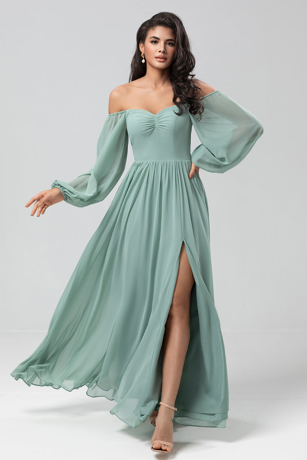 Off the Shoulder Mangas largas Vestido Bridemaid verde con hendidura