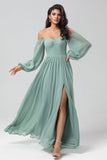 Off the Shoulder Mangas largas Vestido Bridemaid verde con hendidura