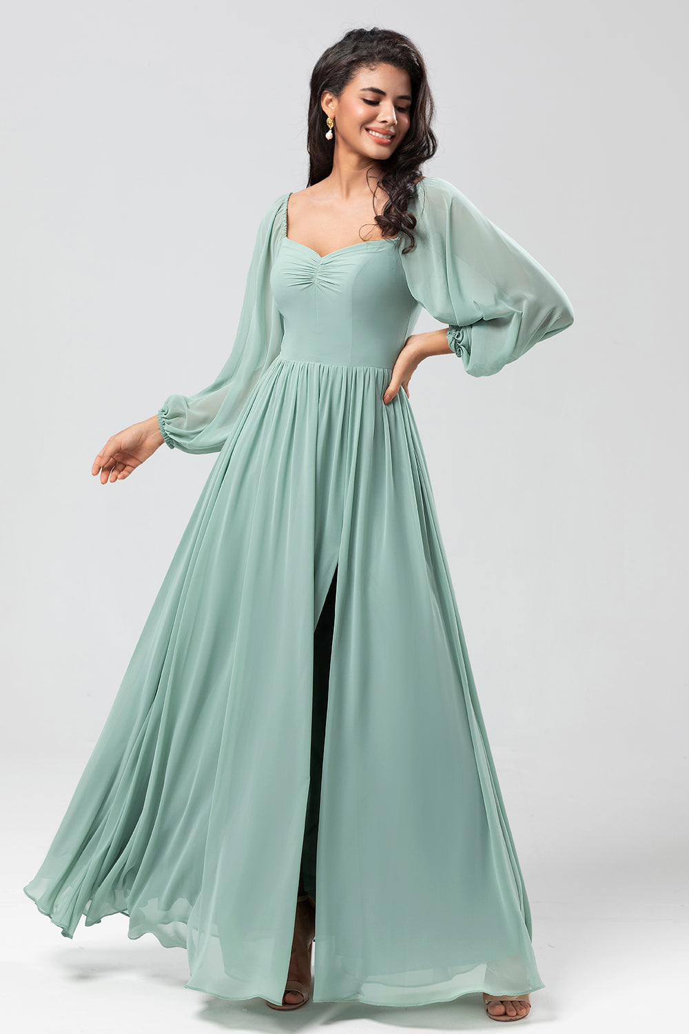 Off the Shoulder Mangas largas Vestido Bridemaid verde con hendidura