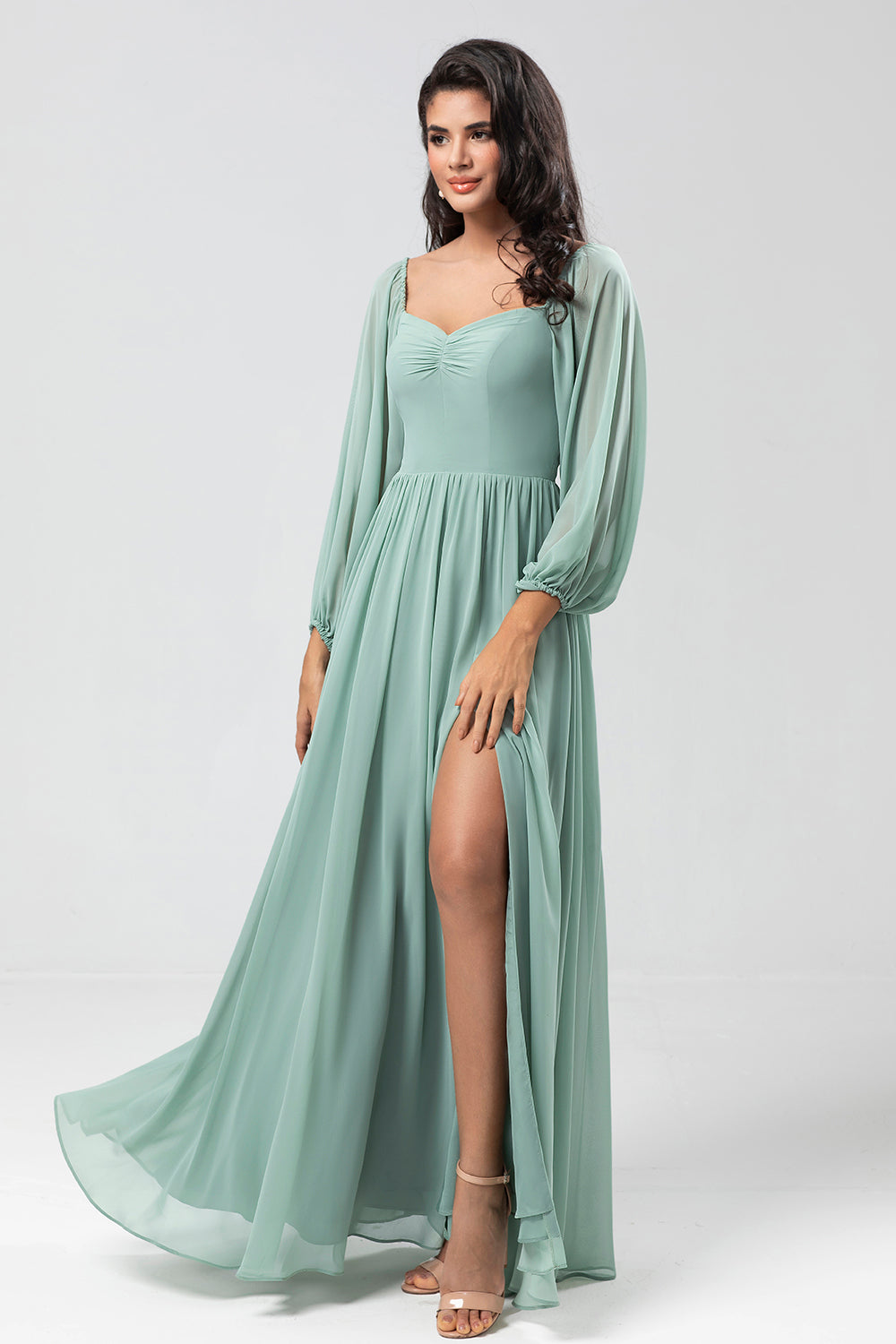 Off the Shoulder Mangas largas Vestido Bridemaid verde con hendidura