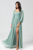 Off the Shoulder Mangas largas Vestido Bridemaid verde con hendidura