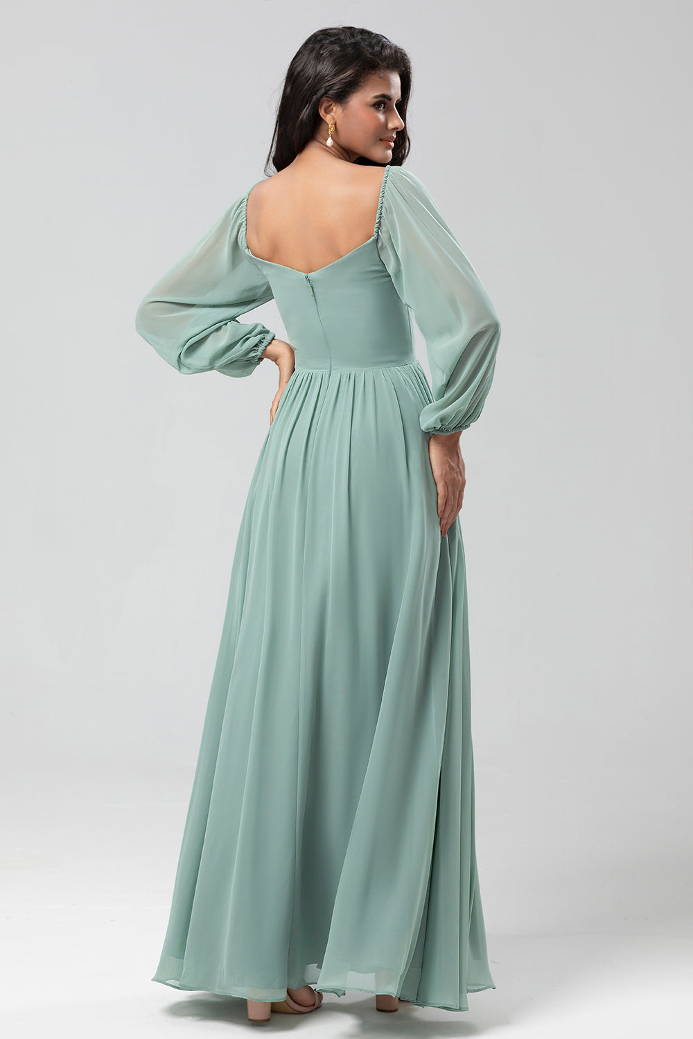 Off the Shoulder Mangas largas Vestido Bridemaid verde con hendidura