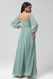 Off the Shoulder Mangas largas Vestido Bridemaid verde con hendidura