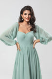 Off the Shoulder Mangas largas Vestido Bridemaid verde con hendidura