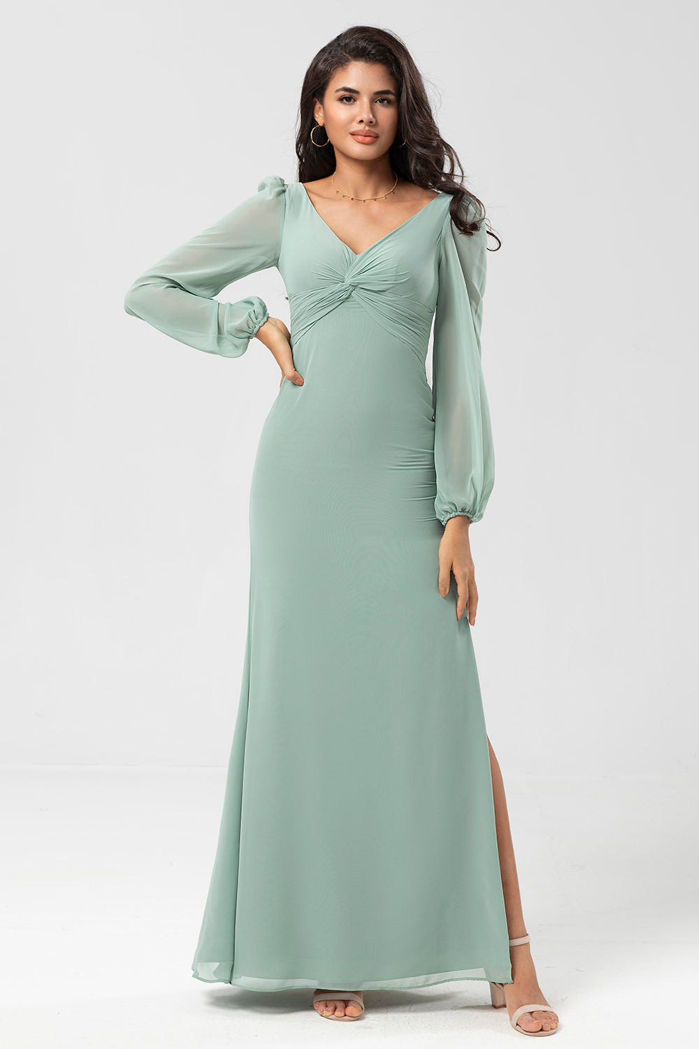 Manga larga Vestido de dama de honor verde con hendidura