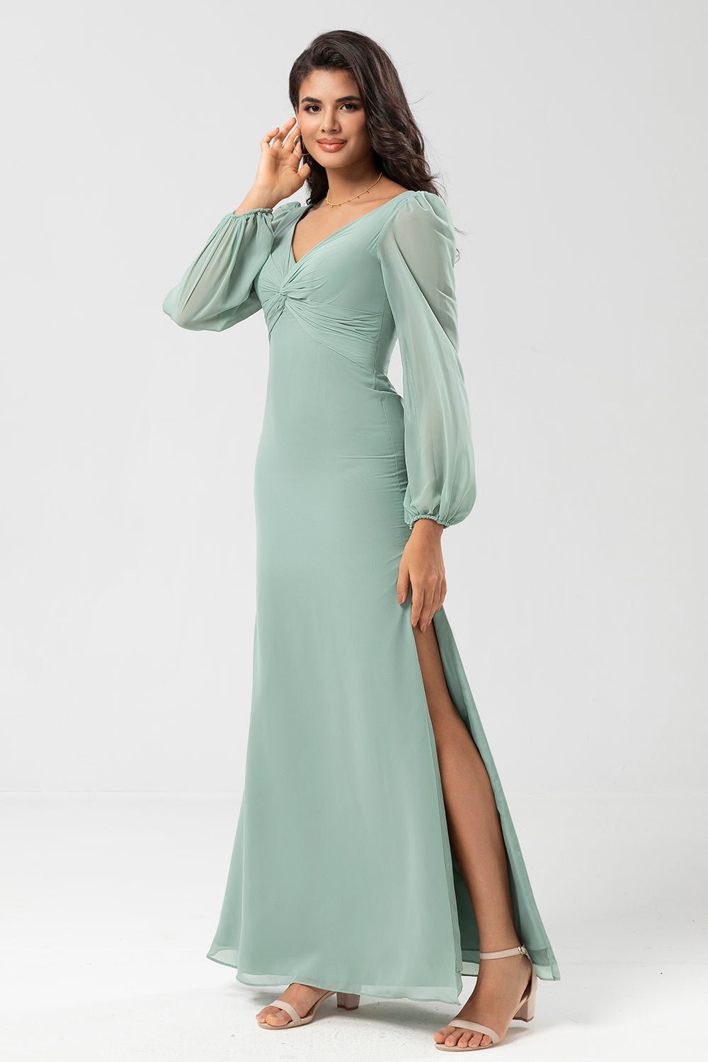 Manga larga Vestido de dama de honor verde con hendidura