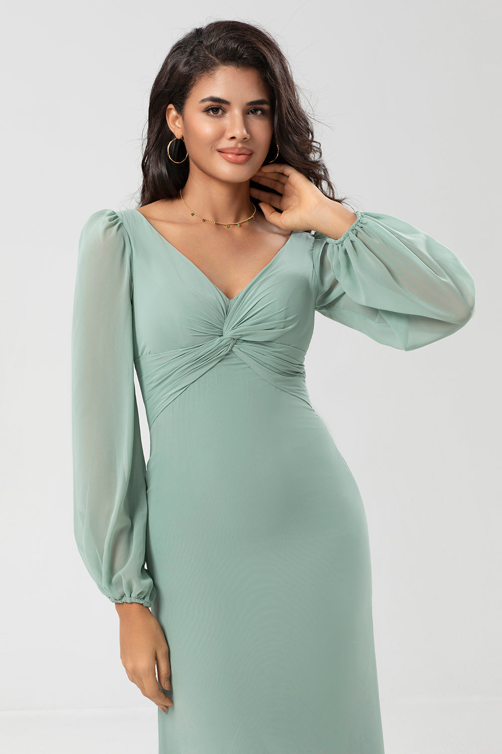 Manga larga Vestido de dama de honor verde con hendidura