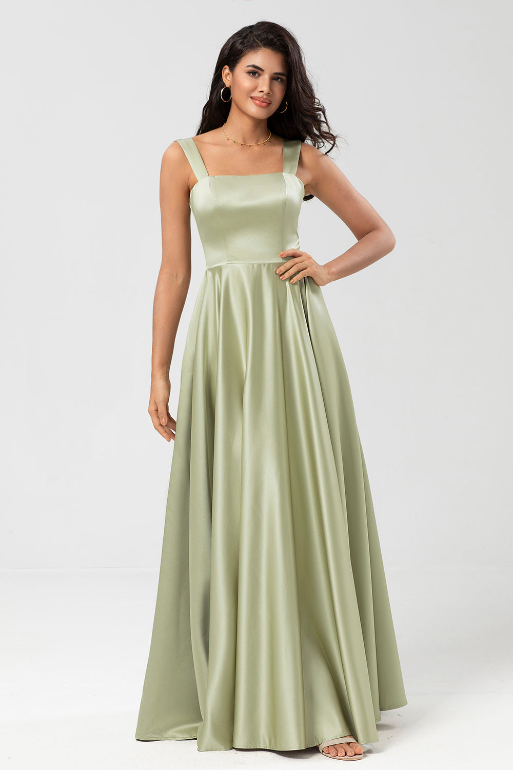 Vestido de dama de honor verde satinado A Line con bolsillos