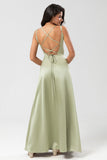 Vestido de dama de honor verde satinado con espalda con cordones