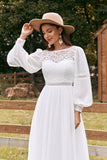 Vestido de novia largo boho de gasa Bateau marfil con encaje