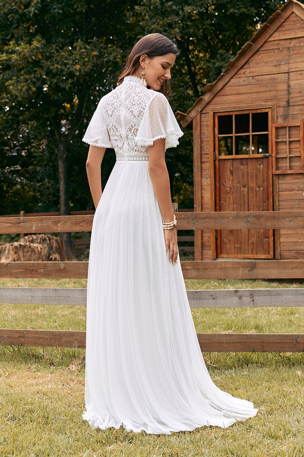 Vestido de novia boho de gasa marfil vintage con encaje