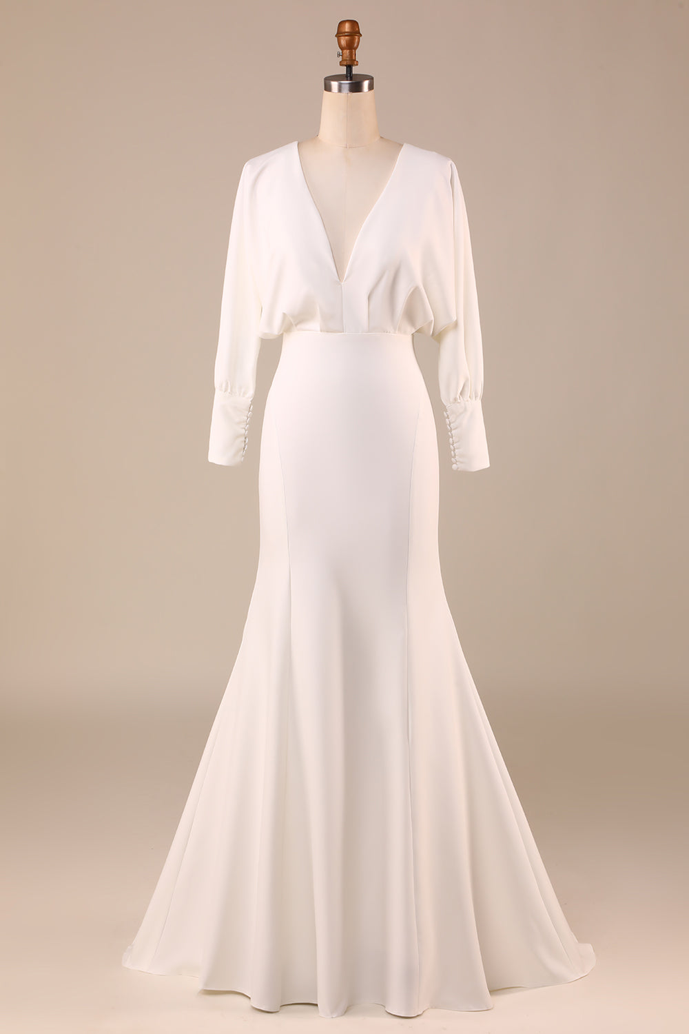 Simple Sirena de marfil Mangas largas Vestido de novia de cuello en V profundo