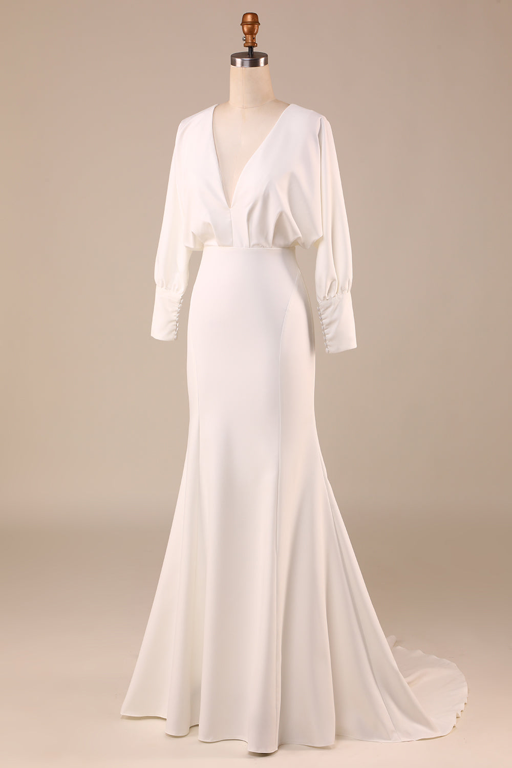 Simple Sirena de marfil Mangas largas Vestido de novia de cuello en V profundo