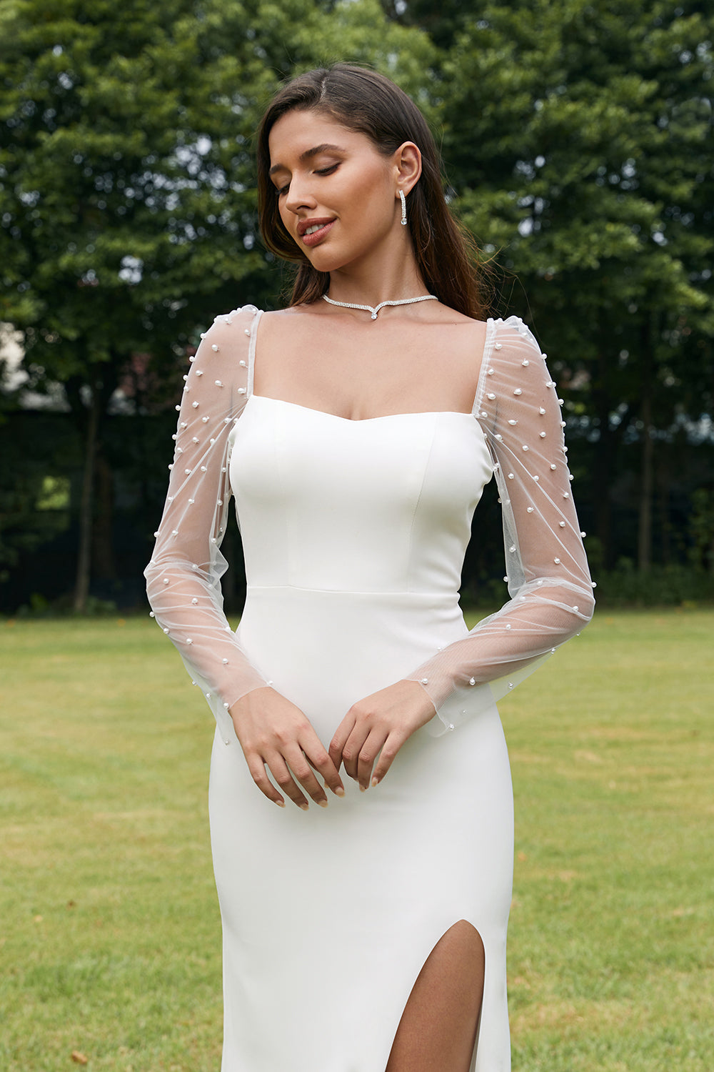 Vestido de novia de sirena sin espalda de manga larga Ivory Illusion con abertura