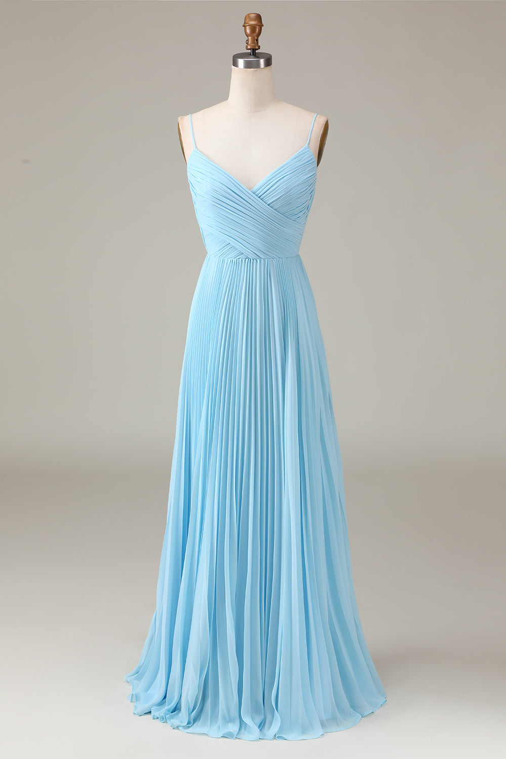 Tirantes de espagueti azul cielo Vestido de dama de honor plisado de gasa plisada con escote en V