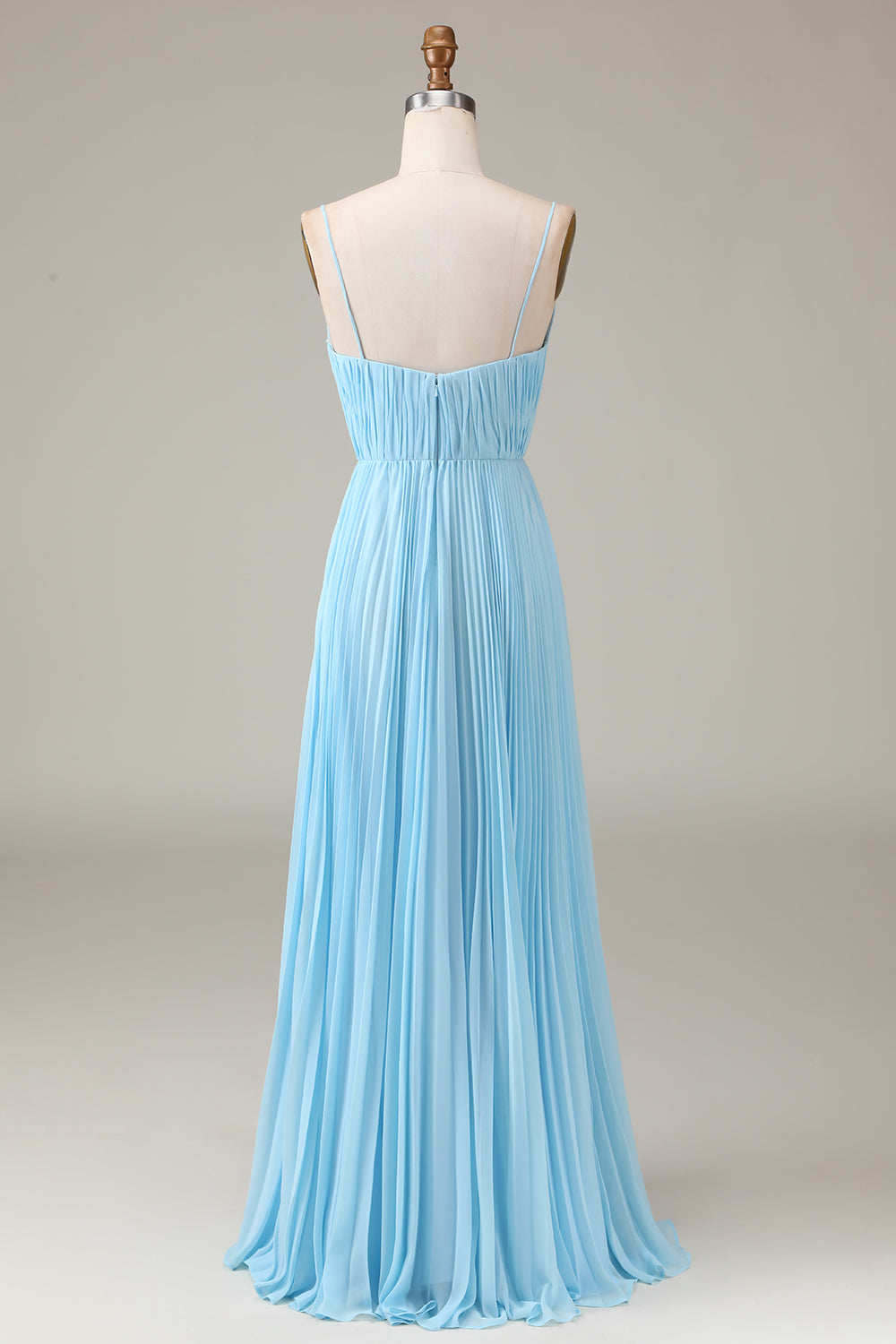Tirantes de espagueti azul cielo Vestido de dama de honor plisado de gasa plisada con escote en V