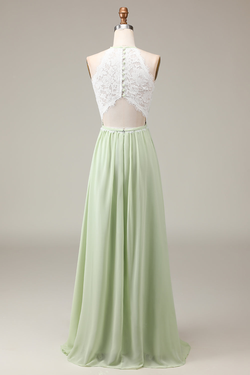 Vestido de dama de honor de encaje y gasa de gasa con cuello halter y gasa de sola.