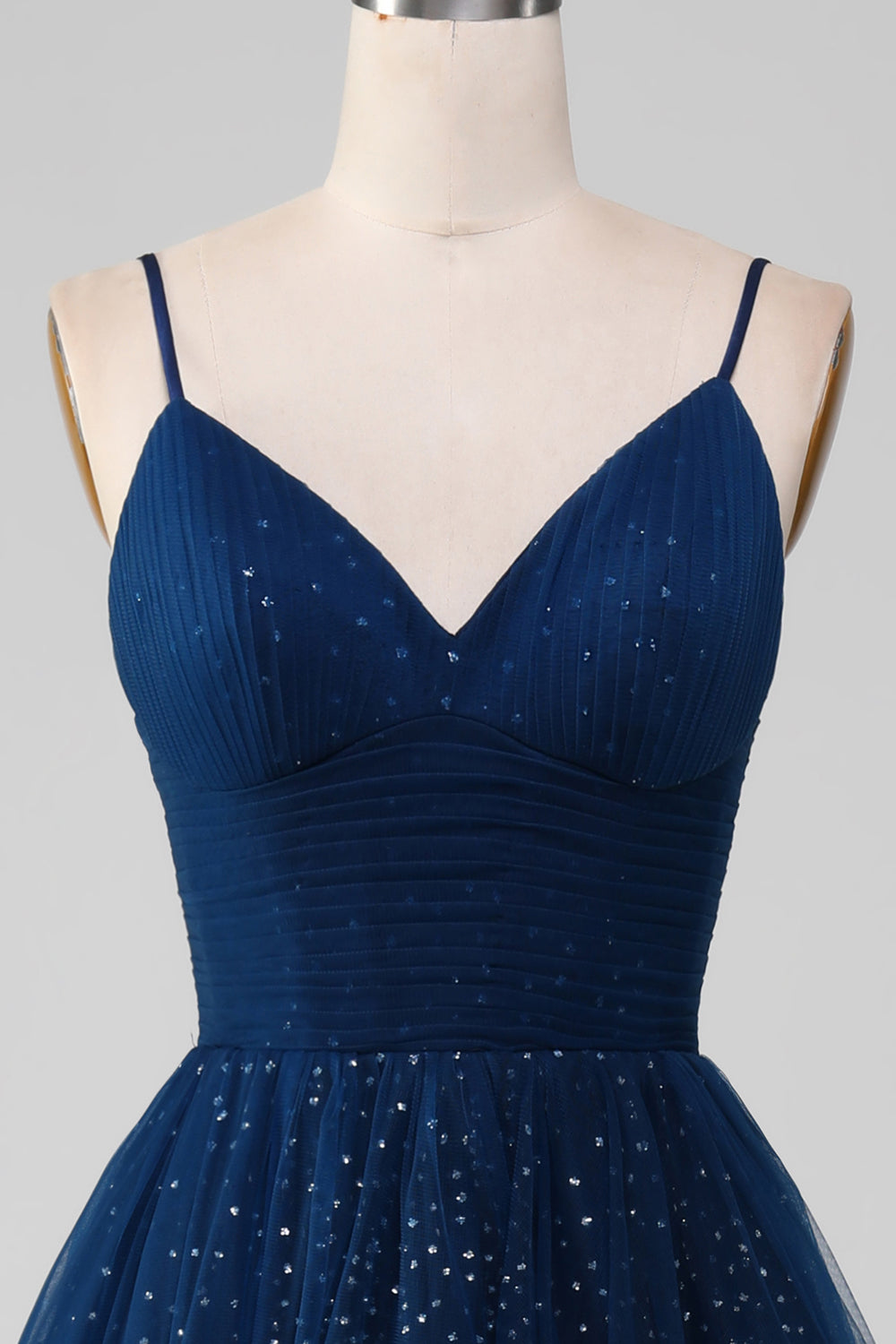 Vestido de gala azul marino con cuello en V vestidos largos de tul con cuentas y plisado