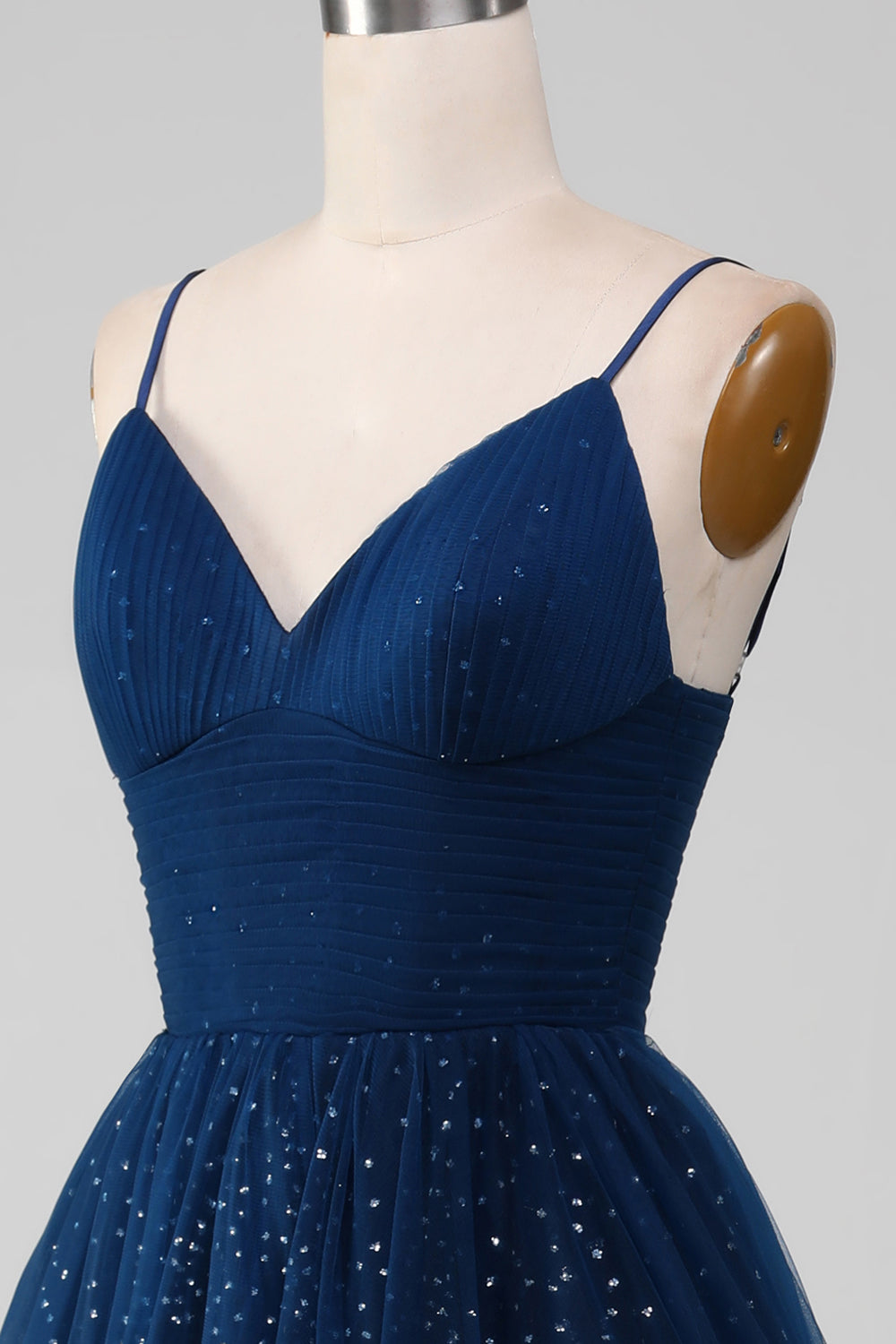 Vestido de gala azul marino con cuello en V vestidos largos de tul con cuentas y plisado