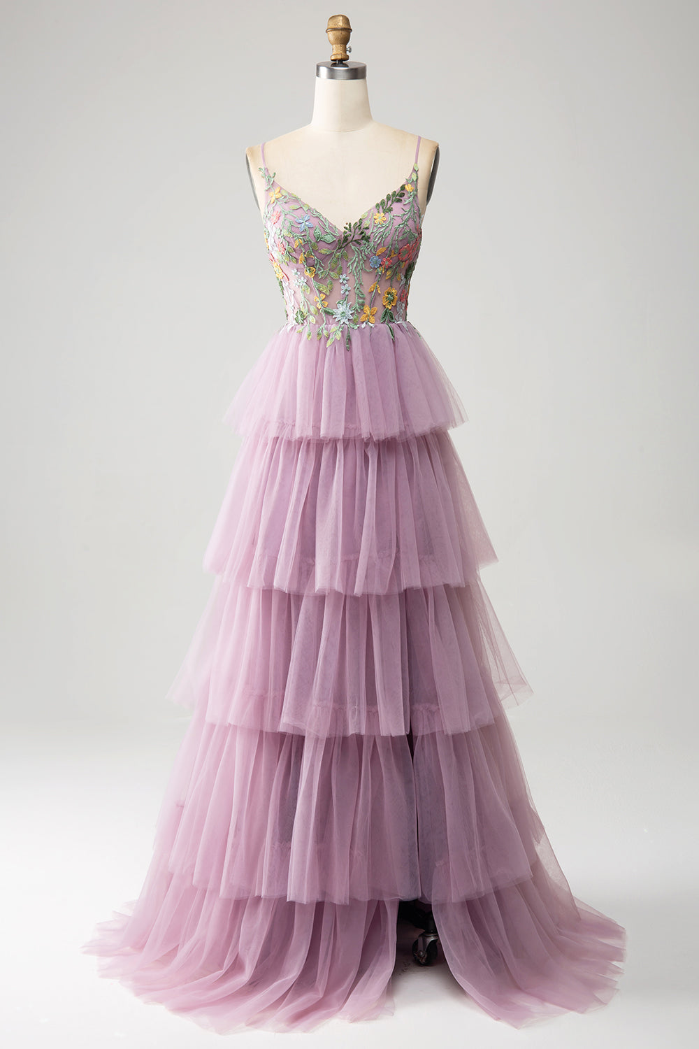 Vestido de fiesta malva con corsé largo evasé de tul con apliques