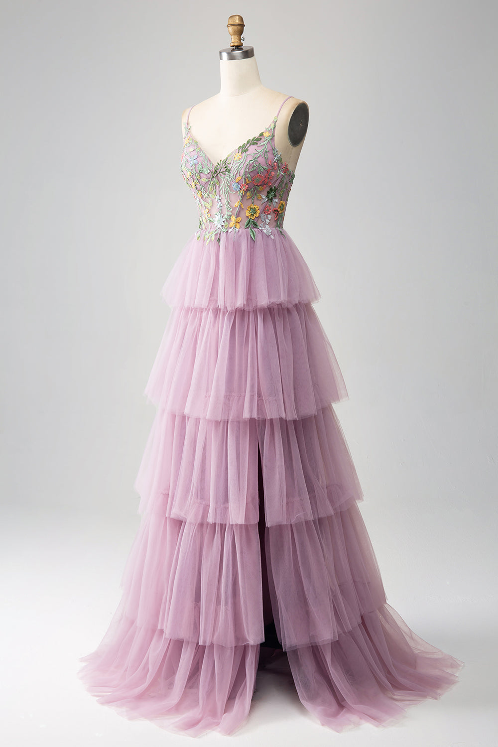 Vestido de fiesta malva con corsé largo evasé de tul con apliques