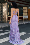 Elegante vestido de fiesta largo de sirena con tirantes de espagueti lila con abertura