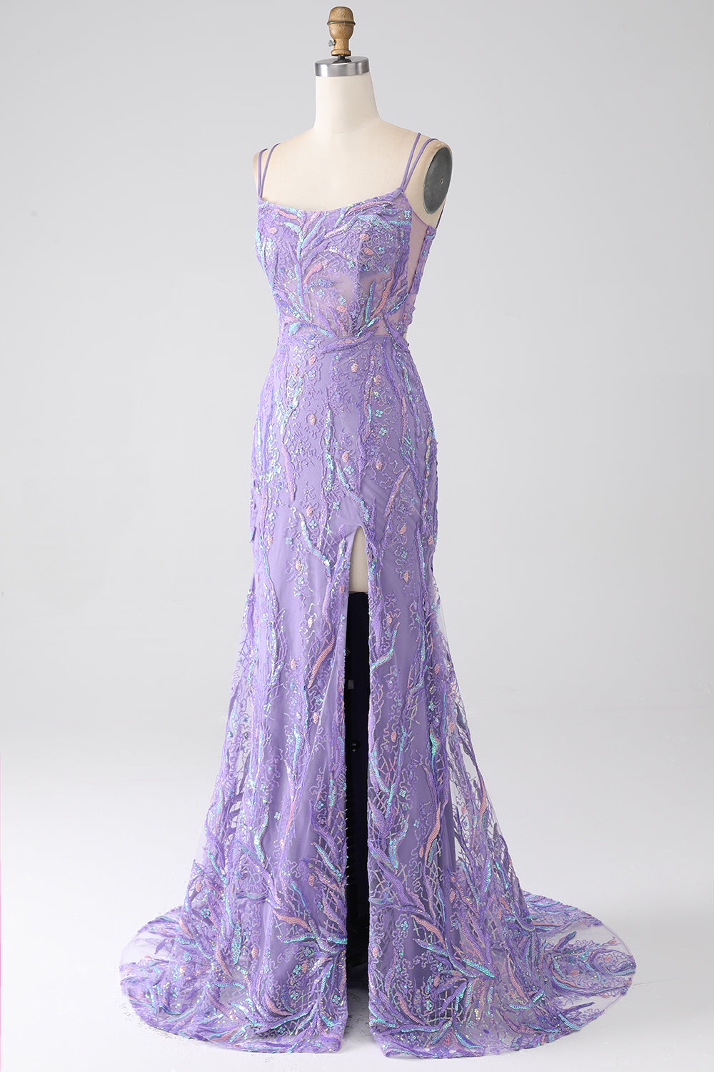 Vestido de fiesta de lentejuelas lilas con cordones de sirena con abertura