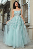 Magnífico vestido de fiesta con corsé menta con tirantes de espagueti de una línea con apliques
