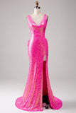Vestido de fiesta de sirena rosa intenso brillante con abertura