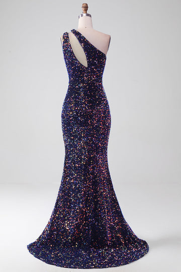 Vestido de fiesta largo de lentejuelas de un hombro de sirena negra con abertura