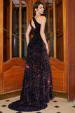 Sirena brillante de un hombro Vestido largo de fiesta de lentejuelas negras con abertura
